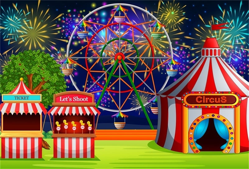 AOFOTO 7x5ft Fairground Circus Tent Backdrop Cartoon Amusement Park Ferris Wheel Fireworks Photography Background Playground Childhood Fun Carnival Party Decoration Studio Props Kid Vinyl Wallpaper - Image 1